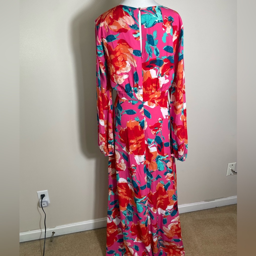 Lulus Floral Long Sleeve Maxi Dress w/ front slit - Pink and Red - Picture 3 of 5